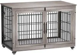 Dog Crate Furniture, XL Wooden Dog Kennel Indoor Double Doors Dog Cage, 44'' Heavy Duty Dog Crate with Cushion & Wheels, Decorative End Table Chew-Resistant for Extra Large/Medium, Grey Dog Crate Furniture, XL Wooden Dog Kennel Indoor Double Doors Dog Cage, 44'' Heavy Duty Dog Crate with Cushion & Wheels, Decorative End Table Chew-Resistant for Extra Large/Medium, Grey