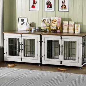 Dog Crate Furniture Set of 2, Dog Kennel Indoor Double Doors Wooden Dog Cage, 32'' Heavy Duty Dog Crate with Cushion & Wheels, End Table Pet House Chew-Resistant Up to 45 lb, White Dog Crate Furniture Set of 2, Dog Kennel Indoor Double Doors Wooden Dog Cage, 32'' Heavy Duty Dog Crate with Cushion & Wheels, End Table Pet House Chew-Resistant Up to 45 lb, White