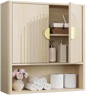 Bathroom Wall Cabinet with Adjustable Wood Shelf, Fluted Medicine Cabinet with 2 Doors, Over The Toilet Storage Cabinet for Laundry Room, Kitchen, Living Room, Natural Bathroom Wall Cabinet with Adjustable Wood Shelf, Fluted Medicine Cabinet with 2 Doors, Over The Toilet Storage Cabinet for Laundry Room, Kitchen, Living Room, Natural