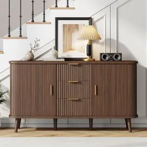 Walnut Buffet Cabinet, 55" Wide Sideboard Buffet Storage Cabinet with Rolling & Sliding Doors, Modern Bar Cabinet for Kitchen & Dining Room Walnut Buffet Cabinet, 55" Wide Sideboard Buffet Storage Cabinet with Rolling & Sliding Doors, Modern Bar Cabinet for Kitchen & Dining Room