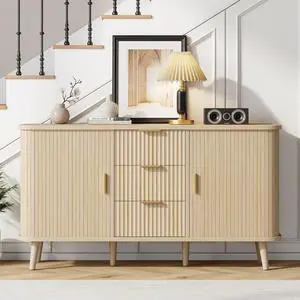 Natrual Buffet Cabinet, 55" Wide Sideboard Buffet Storage Cabinet with Rolling & Sliding Doors, Modern Bar Cabinet for Kitchen & Dining Room Natrual Buffet Cabinet, 55" Wide Sideboard Buffet Storage Cabinet with Rolling & Sliding Doors, Modern Bar Cabinet for Kitchen & Dining Room