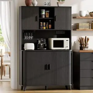 71" Tall Pantry Cabinet with Rolling & Sliding Doors, 39" Wide Kitchen Storage Cabinet with Charging Station and Open Countertop, Modern Kitchen Pantry Cabinet for Dining Room, Black 71" Tall Pantry Cabinet with Rolling & Sliding Doors, 39" Wide Kitchen Storage Cabinet with Charging Station and Open Countertop, Modern Kitchen Pantry Cabinet for Dining Room, Black