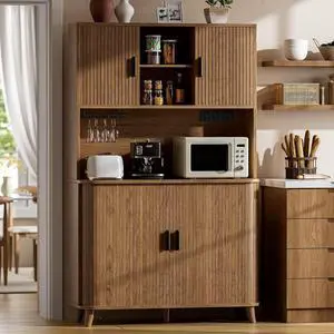 71" Tall Pantry Cabinet with Rolling & Sliding Doors, 39" Wide Kitchen Storage Cabinet with Charging Station and Open Countertop, Modern Kitchen Pantry Cabinet for Dining Room, Walnut 71" Tall Pantry Cabinet with Rolling & Sliding Doors, 39" Wide Kitchen Storage Cabinet with Charging Station and Open Countertop, Modern Kitchen Pantry Cabinet for Dining Room, Walnut