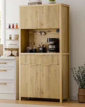 71" Fluted Pantry Cabinet with Charging Station, Natrual | Adjustable Shelves, Open Countertop, Drawer, Spacious Kitchen Storage 71" Fluted Pantry Cabinet with Charging Station, Natrual | Adjustable Shelves, Open Countertop, Drawer, Spacious Kitchen Storage
