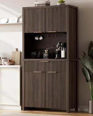 71" Fluted Pantry Cabinet with Charging Station, Brown | Adjustable Shelves, Open Countertop, Drawer, Spacious Kitchen Storage 71" Fluted Pantry Cabinet with Charging Station, Brown | Adjustable Shelves, Open Countertop, Drawer, Spacious Kitchen Storage