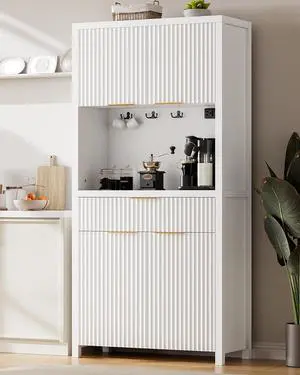 White Fluted Pantry Cabinet with Charging Station, Adjustable Shelves, Spacious Kitchen Storage Organizer with Open Countertop, Kitchen Hutch with Storage Drawers for Dining & Living Room | Adjustable White Fluted Pantry Cabinet with Charging Station, Adjustable Shelves, Spacious Kitchen Storage Organizer with Open Countertop, Kitchen Hutch with Storage Drawers for Dining & Living Room | Adjustable