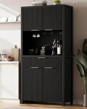 71" Fluted Pantry Cabinet with Charging Station, Black | Adjustable Shelves, Open Countertop, Drawer, Spacious Kitchen Storage 71" Fluted Pantry Cabinet with Charging Station, Black | Adjustable Shelves, Open Countertop, Drawer, Spacious Kitchen Storage