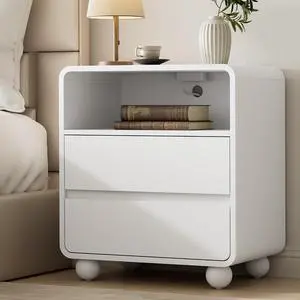 Night Stand with Drawers, Modern Bedside End Table with Charging Station, Curved Profile Design Storage Nightstand for Bedroom, White Night Stand with Drawers, Modern Bedside End Table with Charging Station, Curved Profile Design Storage Nightstand for Bedroom, White