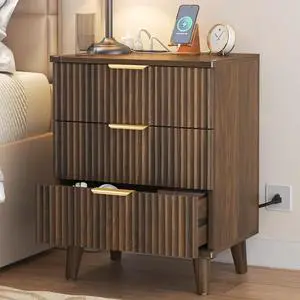 Wood 3 Drawers Dresser Fluted Night Stand with Charging Station, Storage Nightstand Modern Side Table, Bedside Table for Bedroom, Entryway Wood 3 Drawers Dresser Fluted Night Stand with Charging Station, Storage Nightstand Modern Side Table, Bedside Table for Bedroom, Entryway