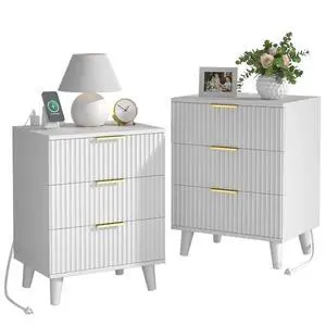 Wood Nightstand Set of 2 Fluted Dresser for Bedroom 3 Drawers Night Stand with Charging Station, Storage Modern Side Table White Wood Nightstand Set of 2 Fluted Dresser for Bedroom 3 Drawers Night Stand with Charging Station, Storage Modern Side Table White