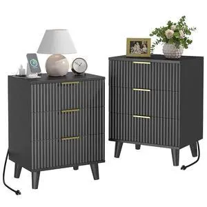 Wood Nightstand Set of 2 Fluted Dresser for Bedroom 3 Drawers Night Stand with Charging Station, Storage Modern Side Table Black Wood Nightstand Set of 2 Fluted Dresser for Bedroom 3 Drawers Night Stand with Charging Station, Storage Modern Side Table Black