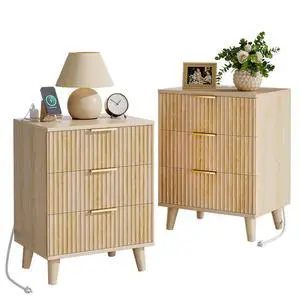 Wood Night Stand Set 2 Fluted Dresser for Bedroom 3 Drawers End Tables Nightstand with Charging Station, Storage Modern Side Table Natural Wood Night Stand Set 2 Fluted Dresser for Bedroom 3 Drawers End Tables Nightstand with Charging Station, Storage Modern Side Table Natural