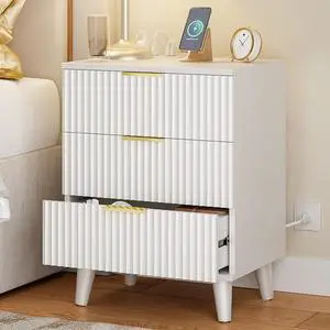 Wood 3 Drawers Dresser Fluted Night Stand with Charging Station, White Storage Nightstand Modern Side Table, Bedside Table for Bedroom, Entryway White Wood 3 Drawers Dresser Fluted Night Stand with Charging Station, White Storage Nightstand Modern Side Table, Bedside Table for Bedroom, Entryway White