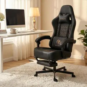 Office Chair for Home Office, Ergonomic Wide Seat Desk Chair with Pocket Spring Cushion, Breathable Leather Gaming Chair with Adjustable Headrest and Retractable FootrestBlack Leather Office Chair for Home Office, Ergonomic Wide Seat Desk Chair with Pocket Spring Cushion, Breathable Leather Gaming Chair with Adjustable Headrest and Retractable FootrestBlack Leather
