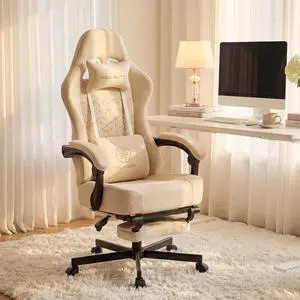 Office Chair for Home Office, Ergonomic Wide Seat Desk Chair with Pocket Spring Cushion, Breathable Leather Gaming Chair with Adjustable Headrest and Retractable FootrestBeige Leather Office Chair for Home Office, Ergonomic Wide Seat Desk Chair with Pocket Spring Cushion, Breathable Leather Gaming Chair with Adjustable Headrest and Retractable FootrestBeige Leather