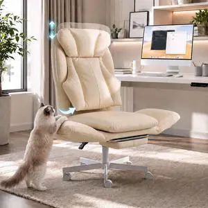 Criss Cross Office Chair with Footrest, 90°-150° Reclining Desk Chair, Cat Paw Leather Computer Chair with Adjustable Headrest, 10°-35° Lumbar Support, 5-Position Armrests Criss Cross Office Chair with Footrest, 90°-150° Reclining Desk Chair, Cat Paw Leather Computer Chair with Adjustable Headrest, 10°-35° Lumbar Support, 5-Position Armrests