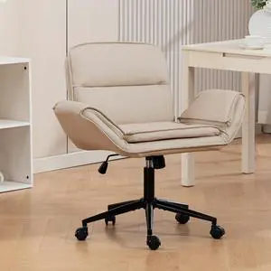 Criss Cross Chair with 5-Gear Adjustable Armrests & Wheels, Ergonomic Thickened Backrest Swivel Desk Chair for Home Office, Vanity, Bedroom and Living Room, Beige Pu Criss Cross Chair with 5-Gear Adjustable Armrests & Wheels, Ergonomic Thickened Backrest Swivel Desk Chair for Home Office, Vanity, Bedroom and Living Room, Beige Pu