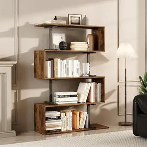 5-Tier Brown Geometric Bookshelf, S Shaped Bookcase,Wood Decorative Storage Shelving,Modern Freestanding Display Shelves for Office,Bedroom,Living Room, 31.5" W x 58.3" H 5-Tier Brown Geometric Bookshelf, S Shaped Bookcase,Wood Decorative Storage Shelving,Modern Freestanding Display Shelves for Office,Bedroom,Living Room, 31.5" W x 58.3" H