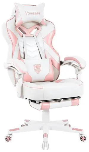 Pink Gaming Chair, Big and Tall Gaming Chair with Footrest and Massage, Gaming Chairs for Adults with Lumbar Support, Ergonomic High Back Computer Chair with Pocket Spring Cushion (White/Pink) Pink Gaming Chair, Big and Tall Gaming Chair with Footrest and Massage, Gaming Chairs for Adults with Lumbar Support, Ergonomic High Back Computer Chair with Pocket Spring Cushion (White/Pink)