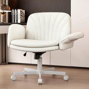 Criss Cross Office Chair with Wheels & Armrests, Height Adjustable Vanity Chair, Makeup Chairs with Side Pockets Design, Comfortable Computer Desk Chairs for Home (Linen Fabric,White) Criss Cross Office Chair with Wheels & Armrests, Height Adjustable Vanity Chair, Makeup Chairs with Side Pockets Design, Comfortable Computer Desk Chairs for Home (Linen Fabric,White)