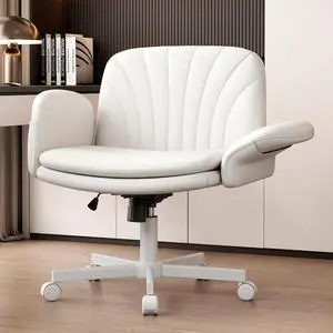 Criss Cross Office Chair with Wheels & Armrests, Height Adjustable Vanity Chair, Makeup Chairs with Side Pockets Design, Comfortable Computer Desk Chairs for Home (PU Leather,White) Criss Cross Office Chair with Wheels & Armrests, Height Adjustable Vanity Chair, Makeup Chairs with Side Pockets Design, Comfortable Computer Desk Chairs for Home (PU Leather,White)