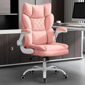 Office Chair, Gaming Chair with Flip-up Armrests, Desk Chair with Double-Layered Soft Backrest,PU Leather Computer Executive Chair with Breathable Seat Cushion (Pink) Office Chair, Gaming Chair with Flip-up Armrests, Desk Chair with Double-Layered Soft Backrest,PU Leather Computer Executive Chair with Breathable Seat Cushion (Pink)