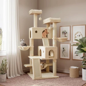 65in Larger Cat Tree Tower Condo for Indoor Kitties/Multi-Level Furniture Activity Center with Wide Base/Cozy Plush Cat Perches/Baskets/Sisal Scratching Posts and Hammock/Beige 65in Larger Cat Tree Tower Condo for Indoor Kitties/Multi-Level Furniture Activity Center with Wide Base/Cozy Plush Cat Perches/Baskets/Sisal Scratching Posts and Hammock/Beige