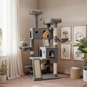 65in Larger Cat Tree Tower Condo for Indoor Kitties/Multi-Level Furniture Activity Center with Wide Base/Cozy Plush Cat Perches/Baskets/Sisal Scratching Posts and Hammock/Grey 65in Larger Cat Tree Tower Condo for Indoor Kitties/Multi-Level Furniture Activity Center with Wide Base/Cozy Plush Cat Perches/Baskets/Sisal Scratching Posts and Hammock/Grey