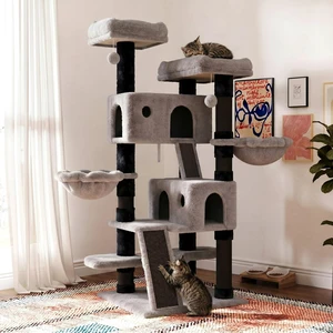 65in Larger Cat Tree Tower Condo for Indoor Kitties/Multi-Level Furniture Activity Center with Wide Base/Cozy Plush Perches/Baskets/Sisal Scratching Posts and Hammock/Black & Grey 65in Larger Cat Tree Tower Condo for Indoor Kitties/Multi-Level Furniture Activity Center with Wide Base/Cozy Plush Perches/Baskets/Sisal Scratching Posts and Hammock/Black & Grey