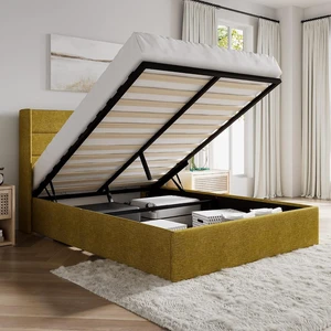 Full Size Lift Up Storage Bed/Modern Wingback Headboard/Upholstered Platform Bed Frame/Hydraulic Storage/No Box Spring Needed/Wood Slats Support/Olive Yellow Full Size Lift Up Storage Bed/Modern Wingback Headboard/Upholstered Platform Bed Frame/Hydraulic Storage/No Box Spring Needed/Wood Slats Support/Olive Yellow