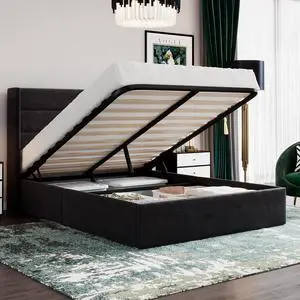 Queen Size Lift Up Storage Bed/Velvet Upholstered/Modern Wingback Headboard/Upholstered Platform Bed Frame/Hydraulic Storage/No Box Spring Needed/Black Queen Size Lift Up Storage Bed/Velvet Upholstered/Modern Wingback Headboard/Upholstered Platform Bed Frame/Hydraulic Storage/No Box Spring Needed/Black