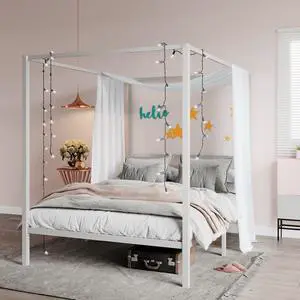Metal Canopy Bed Frame Queen Size/Mattress Foundation with Metal Slats Support/No Box Spring Needed/Easy Assembly/White Metal Canopy Bed Frame Queen Size/Mattress Foundation with Metal Slats Support/No Box Spring Needed/Easy Assembly/White