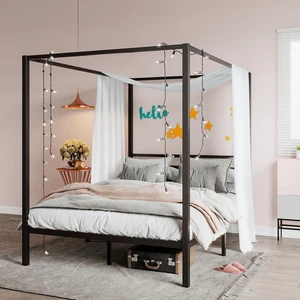 Canopy Bed Frame Full Size/Mattress Foundation with Metal Slats Support/No Box Spring Needed/Easy Assembly/Black Canopy Bed Frame Full Size/Mattress Foundation with Metal Slats Support/No Box Spring Needed/Easy Assembly/Black