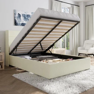 Full Size Lift Up Storage Bed/Chenille Fabric Upholstered/Modern Wingback Headboard/Platform Bed Frame/Hydraulic Storage/No Box Spring Needed/Wood Slats Support/Cream Full Size Lift Up Storage Bed/Chenille Fabric Upholstered/Modern Wingback Headboard/Platform Bed Frame/Hydraulic Storage/No Box Spring Needed/Wood Slats Support/Cream