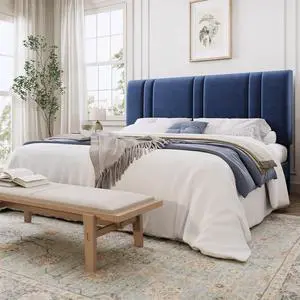 King Size Platform Bed Frame, Velvet Upholstered Bed with Adjustable Headboard, Vertical Channel Tufted Design, Sturdy Wood Slat Support, No Box Spring Needed, Easy Assembly, Dark Blue King Size Platform Bed Frame, Velvet Upholstered Bed with Adjustable Headboard, Vertical Channel Tufted Design, Sturdy Wood Slat Support, No Box Spring Needed, Easy Assembly, Dark Blue