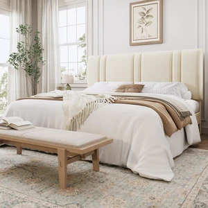 King Size Platform Bed Frame, Velvet Upholstered Bed with Adjustable Headboard, Vertical Channel Tufted Design, Sturdy Wood Slat Support, No Box Spring Needed, Easy Assembly, Cream White King Size Platform Bed Frame, Velvet Upholstered Bed with Adjustable Headboard, Vertical Channel Tufted Design, Sturdy Wood Slat Support, No Box Spring Needed, Easy Assembly, Cream White