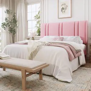 Queen Size Platform Bed Frame, Velvet Upholstered Bed with Adjustable Headboard, Vertical Channel Tufted Design, Sturdy Wood Slat Support, No Box Spring Needed, Easy Assembly, Pink Queen Size Platform Bed Frame, Velvet Upholstered Bed with Adjustable Headboard, Vertical Channel Tufted Design, Sturdy Wood Slat Support, No Box Spring Needed, Easy Assembly, Pink