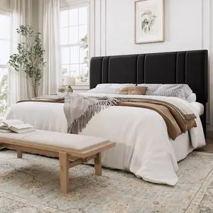 King Size Platform Bed Frame, Velvet Upholstered Bed with Adjustable Headboard, Vertical Channel Tufted Design, Sturdy Wood Slat Support, No Box Spring Needed, Easy Assembly, Black King Size Platform Bed Frame, Velvet Upholstered Bed with Adjustable Headboard, Vertical Channel Tufted Design, Sturdy Wood Slat Support, No Box Spring Needed, Easy Assembly, Black