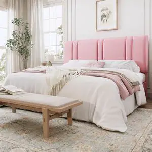 King Size Platform Bed Frame, Velvet Upholstered Bed with Adjustable Headboard, Vertical Channel Tufted Design, Sturdy Wood Slat Support, No Box Spring Needed, Easy Assembly, Pink King Size Platform Bed Frame, Velvet Upholstered Bed with Adjustable Headboard, Vertical Channel Tufted Design, Sturdy Wood Slat Support, No Box Spring Needed, Easy Assembly, Pink