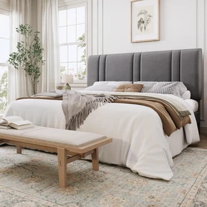 King Size Platform Bed Frame, Velvet Upholstered Bed with Adjustable Headboard, Vertical Channel Tufted Design, Sturdy Wood Slat Support, No Box Spring Needed, Easy Assembly, Light Grey King Size Platform Bed Frame, Velvet Upholstered Bed with Adjustable Headboard, Vertical Channel Tufted Design, Sturdy Wood Slat Support, No Box Spring Needed, Easy Assembly, Light Grey