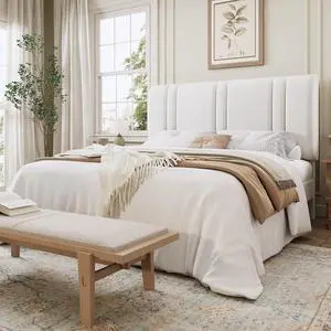 Queen Size Platform Bed Frame, Velvet Upholstered Bed with Adjustable Headboard, Vertical Channel Tufted Design, Sturdy Wood Slat Support, No Box Spring Needed, Easy Assembly, White Queen Size Platform Bed Frame, Velvet Upholstered Bed with Adjustable Headboard, Vertical Channel Tufted Design, Sturdy Wood Slat Support, No Box Spring Needed, Easy Assembly, White