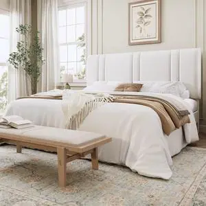 King Size Platform Bed Frame, Velvet Upholstered Bed with Adjustable Headboard, Vertical Channel Tufted Design, Sturdy Wood Slat Support, No Box Spring Needed, Easy Assembly, White King Size Platform Bed Frame, Velvet Upholstered Bed with Adjustable Headboard, Vertical Channel Tufted Design, Sturdy Wood Slat Support, No Box Spring Needed, Easy Assembly, White