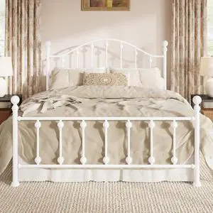 Queen Metal Bed Frame, Victorian Style Platform Bed with Curved Headboard and Classic Footboard, No Box Spring Needed, White Queen Metal Bed Frame, Victorian Style Platform Bed with Curved Headboard and Classic Footboard, No Box Spring Needed, White
