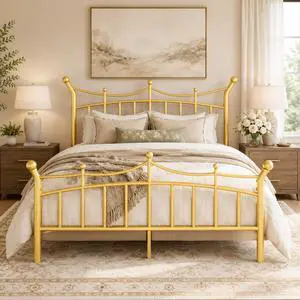 14 Inches Queen Size Metal Platform Bed Frame with Crown Style Victorian Headboard & Footboard, Ample Under Bed Storage, Noise Free, Easy Assembly, No Box Spring Needed, Gold 14 Inches Queen Size Metal Platform Bed Frame with Crown Style Victorian Headboard & Footboard, Ample Under Bed Storage, Noise Free, Easy Assembly, No Box Spring Needed, Gold