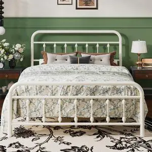 Full Size Metal Platform Bed Frame with Victorian Style Iron-Art Headboard and Footboard, Easy Assembly, Under Bed Storage, No Box Spring Required, Off White Full Size Metal Platform Bed Frame with Victorian Style Iron-Art Headboard and Footboard, Easy Assembly, Under Bed Storage, No Box Spring Required, Off White