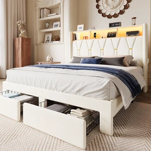 Full Velvet Platform Bed Frame with 2 Storage Drawers, LED Storage Headboard with Charging Station, Upholstered Wingback Headboard, Noise-Free, No Box Spring Needed, Easy Assembly, White Full Velvet Platform Bed Frame with 2 Storage Drawers, LED Storage Headboard with Charging Station, Upholstered Wingback Headboard, Noise-Free, No Box Spring Needed, Easy Assembly, White