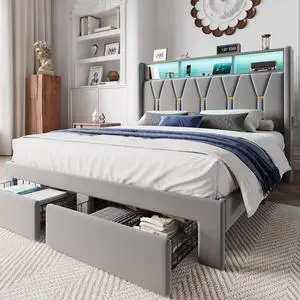 Queen Velvet Platform Bed Frame with 2 Storage Drawers, LED Storage Headboard with Charging Station, Upholstered Wingback Headboard, Noise-Free, No Box Spring Needed, Easy Assembly, Grey Queen Velvet Platform Bed Frame with 2 Storage Drawers, LED Storage Headboard with Charging Station, Upholstered Wingback Headboard, Noise-Free, No Box Spring Needed, Easy Assembly, Grey