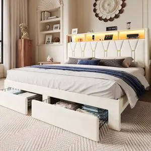 Velvet King Platform Bed Frame with 2 Storage Drawers, LED Storage Headboard with Charging Station, Wingback Upholstered, Noise Free, No Box Spring Needed, Easy Assembly, White Velvet King Platform Bed Frame with 2 Storage Drawers, LED Storage Headboard with Charging Station, Wingback Upholstered, Noise Free, No Box Spring Needed, Easy Assembly, White