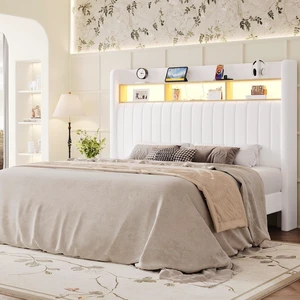Full Size Platform Bed Frame / 2-Tier Storage Shelf/Velvet Wingback Upholstered Headboard/LED Lights and Charging Station/No Box Spring Needed/Noise-Free/Easy Assembly/White Full Size Platform Bed Frame / 2-Tier Storage Shelf/Velvet Wingback Upholstered Headboard/LED Lights and Charging Station/No Box Spring Needed/Noise-Free/Easy Assembly/White