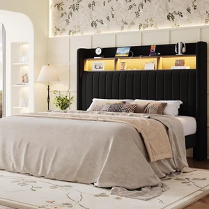 Full Size Platform Bed Frame / 2-Tier Storage Shelf/Velvet Wingback Upholstered Headboard/LED Lights and Charging Station/No Box Spring Needed/Noise-Free/Easy Assembly/Black Full Size Platform Bed Frame / 2-Tier Storage Shelf/Velvet Wingback Upholstered Headboard/LED Lights and Charging Station/No Box Spring Needed/Noise-Free/Easy Assembly/Black
